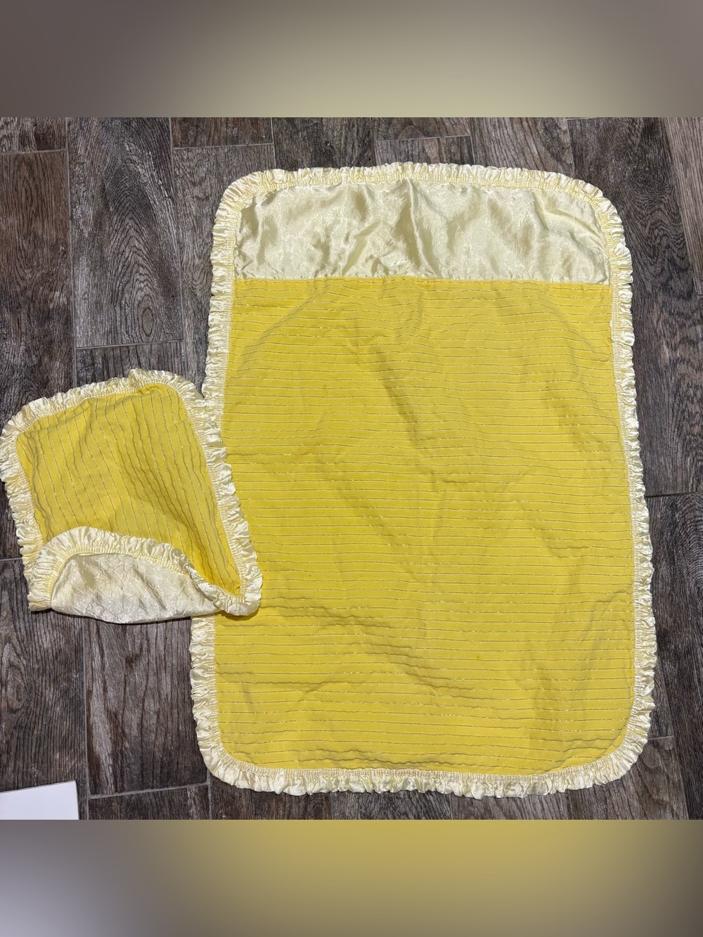 Vtg‎ Handmade Baby Blanket W/ Pillowcase Yellow Satin Trim & Backing Gold Stripe